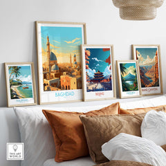 Modern Baghdad wall art print among travel-themed illustrations showcasing vibrant decor.