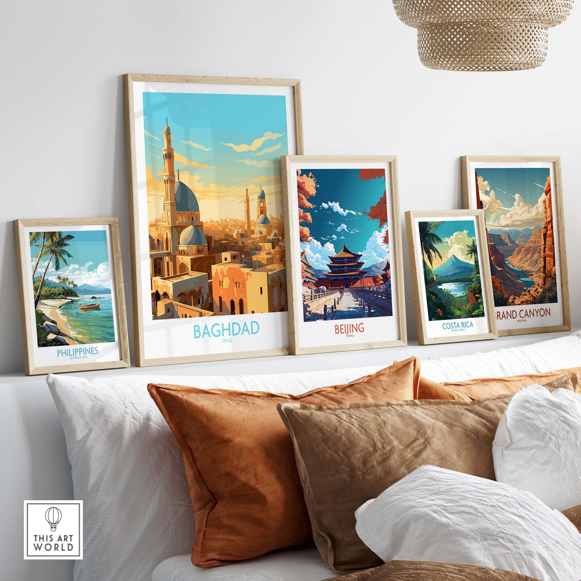 Modern Baghdad wall art print among travel-themed illustrations showcasing vibrant decor.