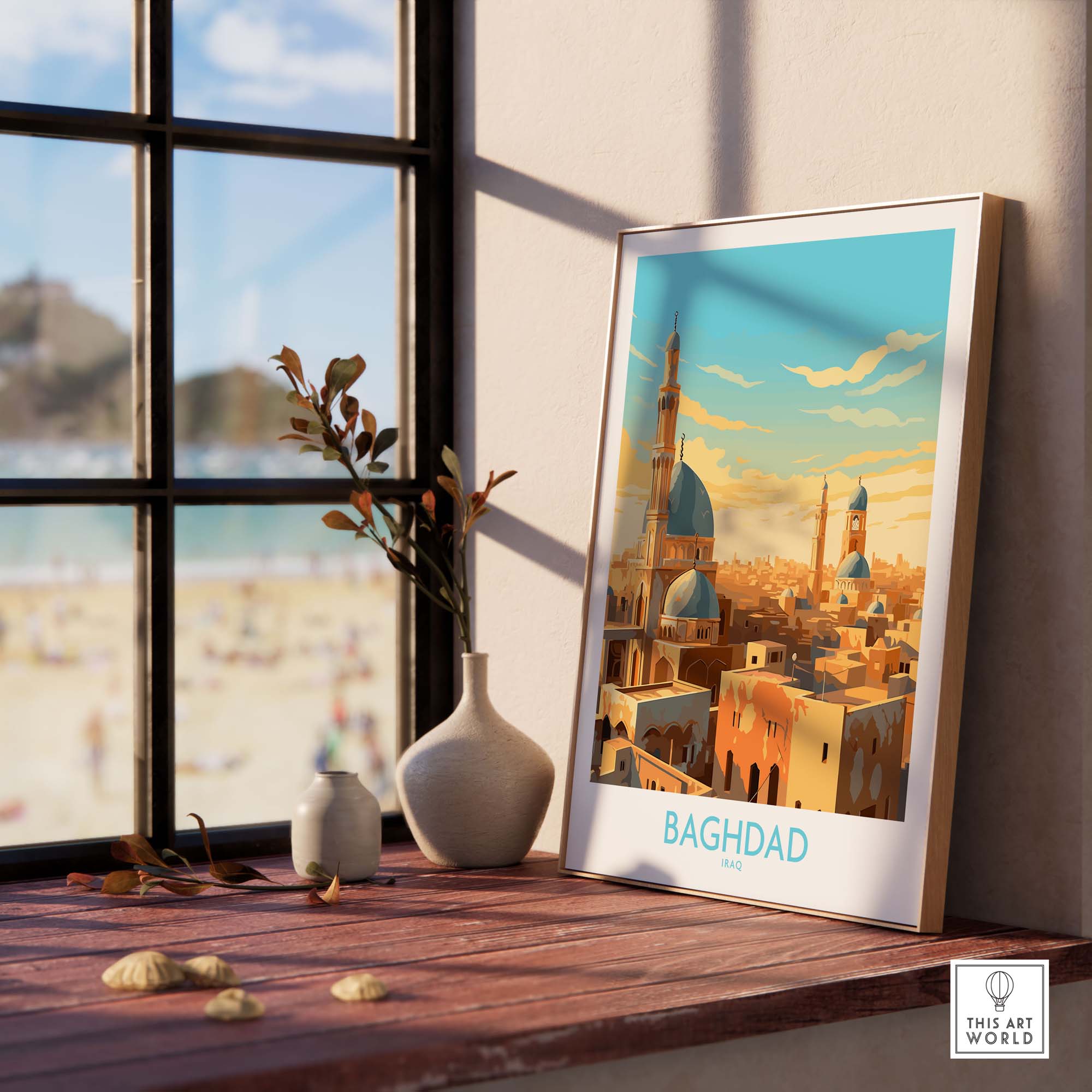 Baghdad wall art print featuring a vibrant illustration of the city's skyline in modern style, perfect for home decor.