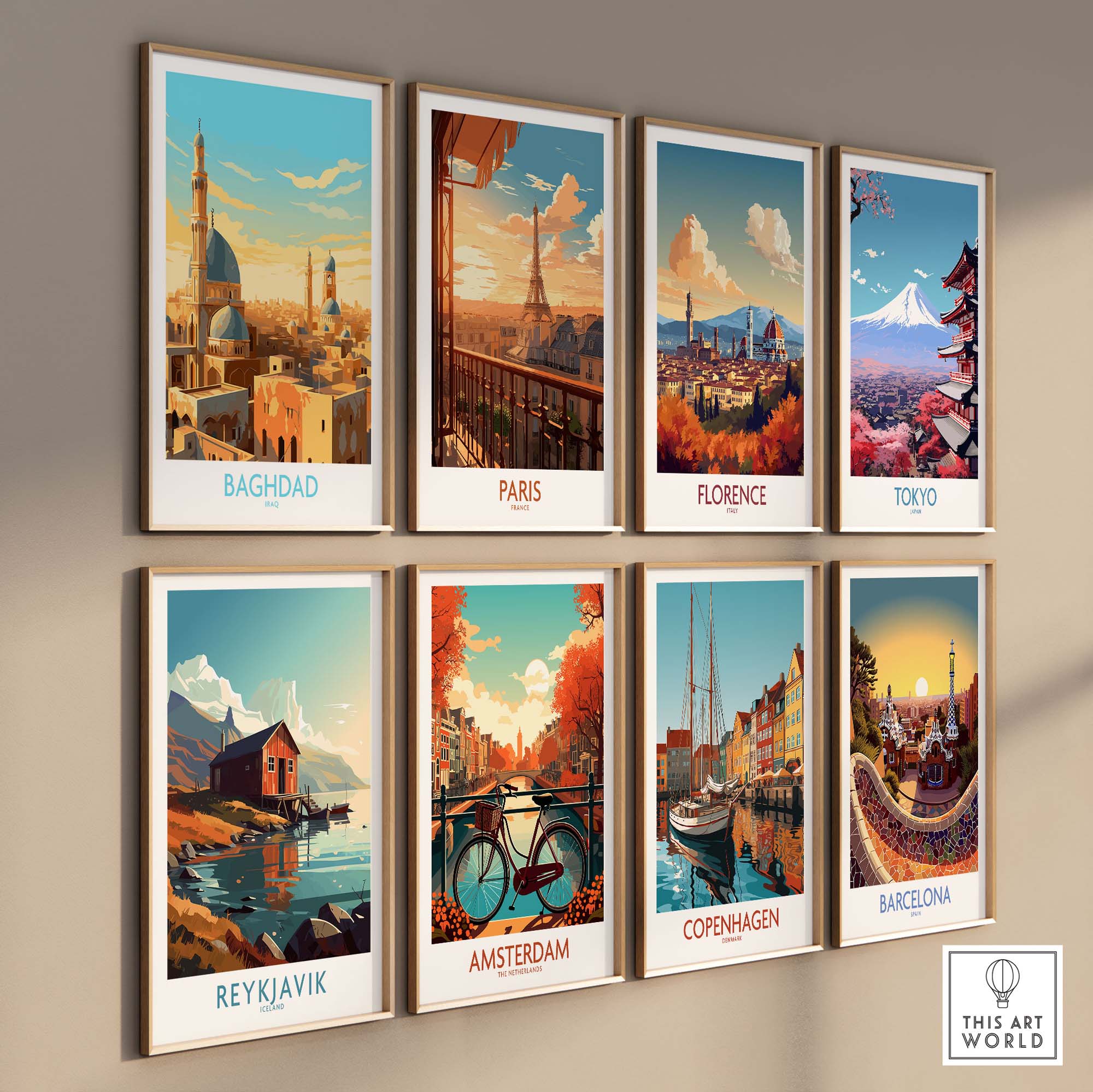 Wall art featuring vibrant city illustrations of Baghdad, Paris, Florence, Tokyo, Reykjavik, Amsterdam, Copenhagen, and Barcelona.
