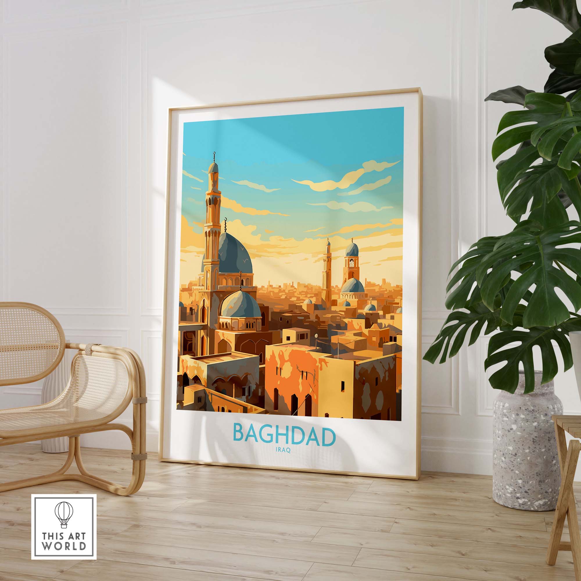 Vivid Baghdad wall art print capturing the architecture of Iraq with modern design elements in a stylish interior.