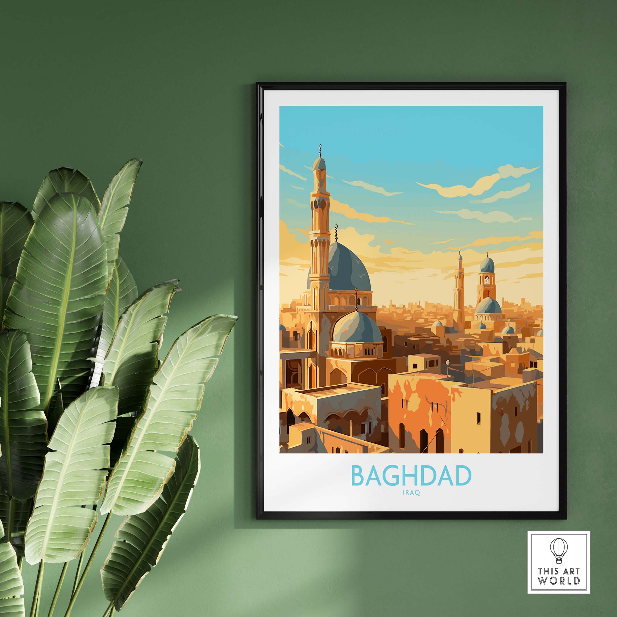 Vibrant Baghdad wall art print showcasing iconic architecture and cityscape in modern design.