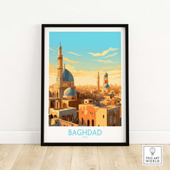 Modern Baghdad wall art print featuring iconic architecture and vibrant colors, perfect for Middle Eastern decor.