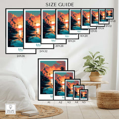 Bali Wall Art size guide showcasing various print dimensions in a stylish living room setting.