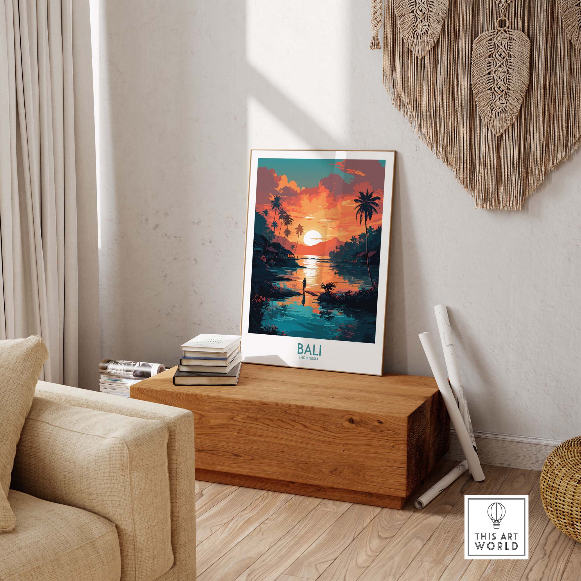 Bali wall art print in a modern living room with sunset and palm trees, adding tropical ambiance to the space.
