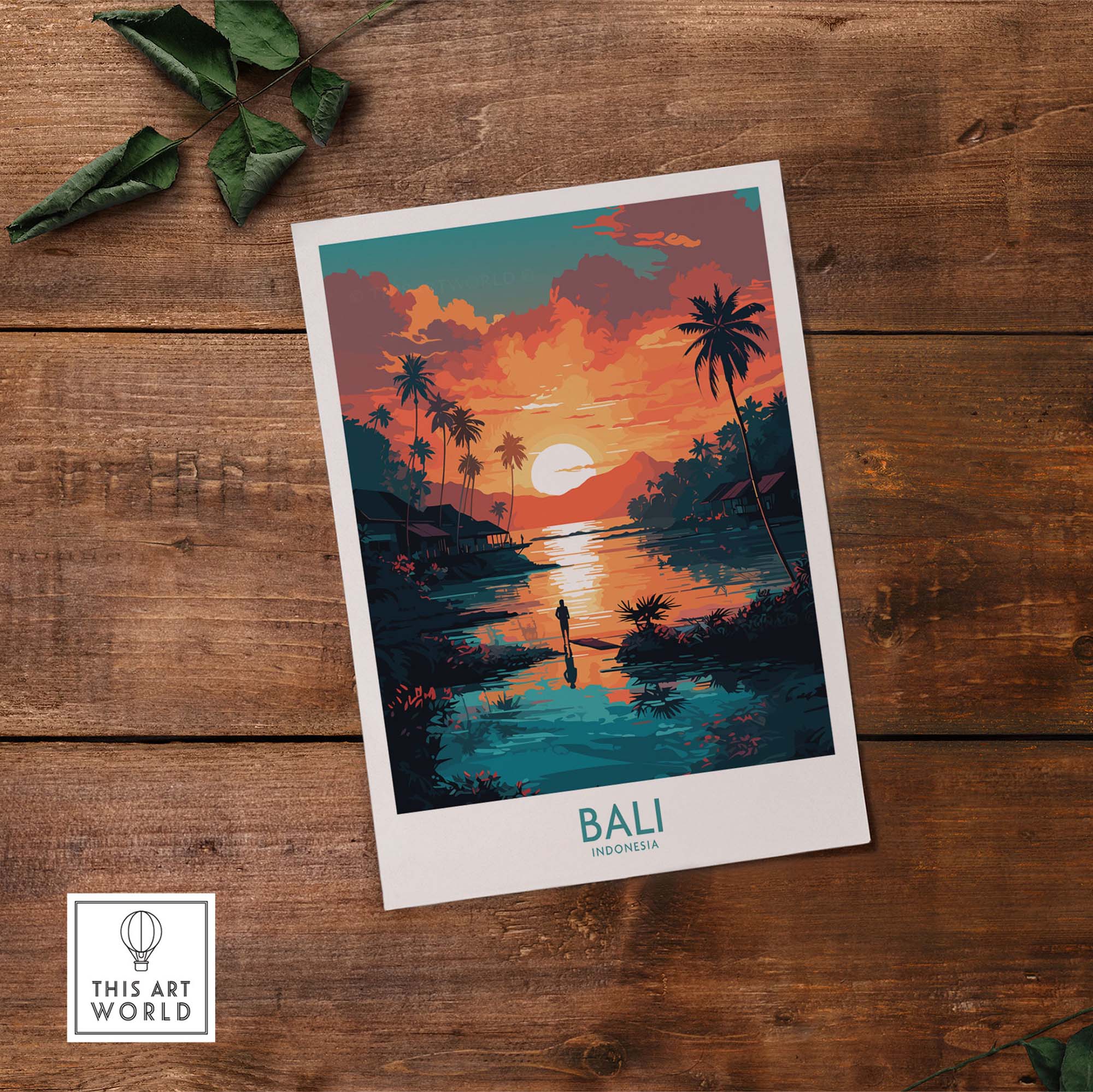 Bali Wall Art print showcasing a vibrant Indonesian sunset with palm trees and tranquil waters, perfect for modern decor.