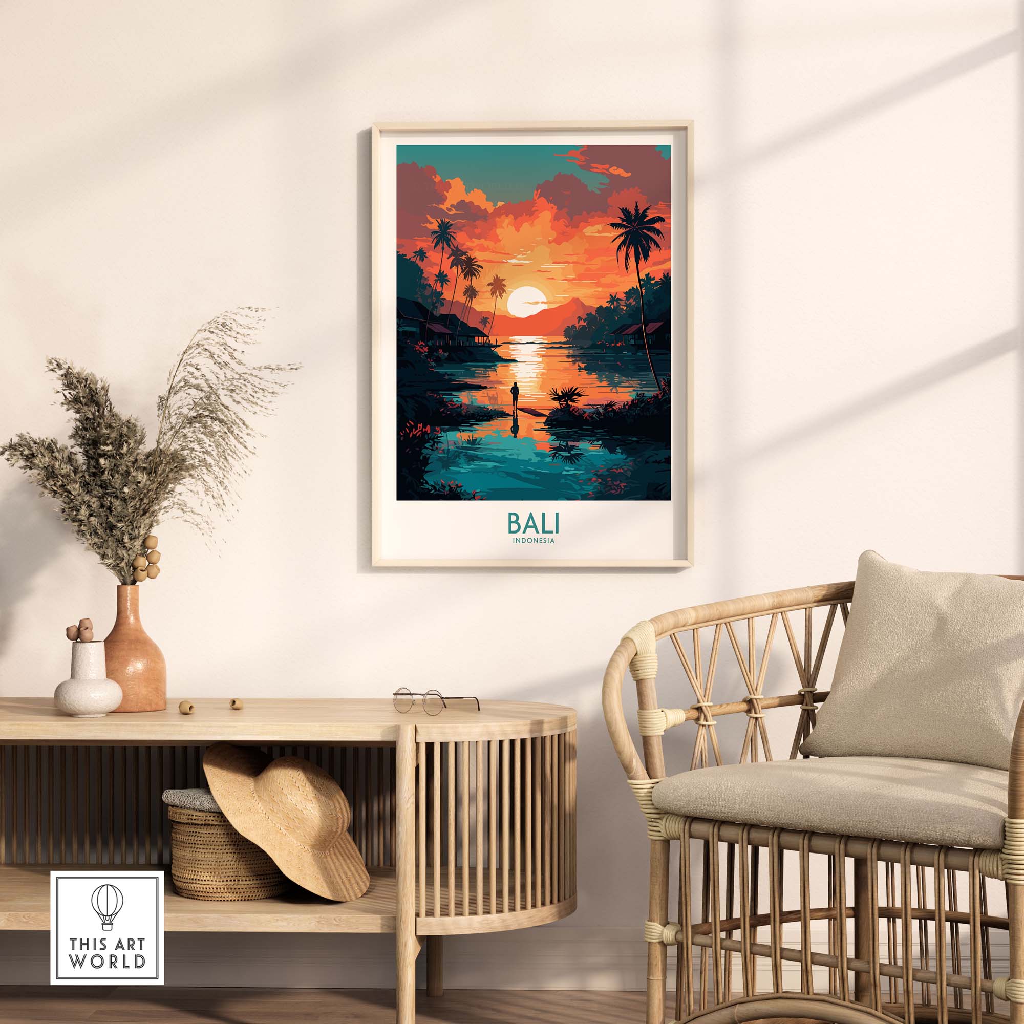 Bali wall art print featuring vibrant sunset over tropical landscape, enhancing modern living space décor.