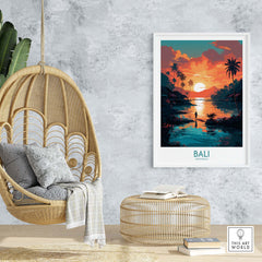 Bali wall art print featuring a vibrant sunset over water, enhancing a modern living space decor.
