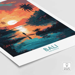 Bali wall art print featuring a tropical sunset over a serene Indonesian landscape with palm trees.