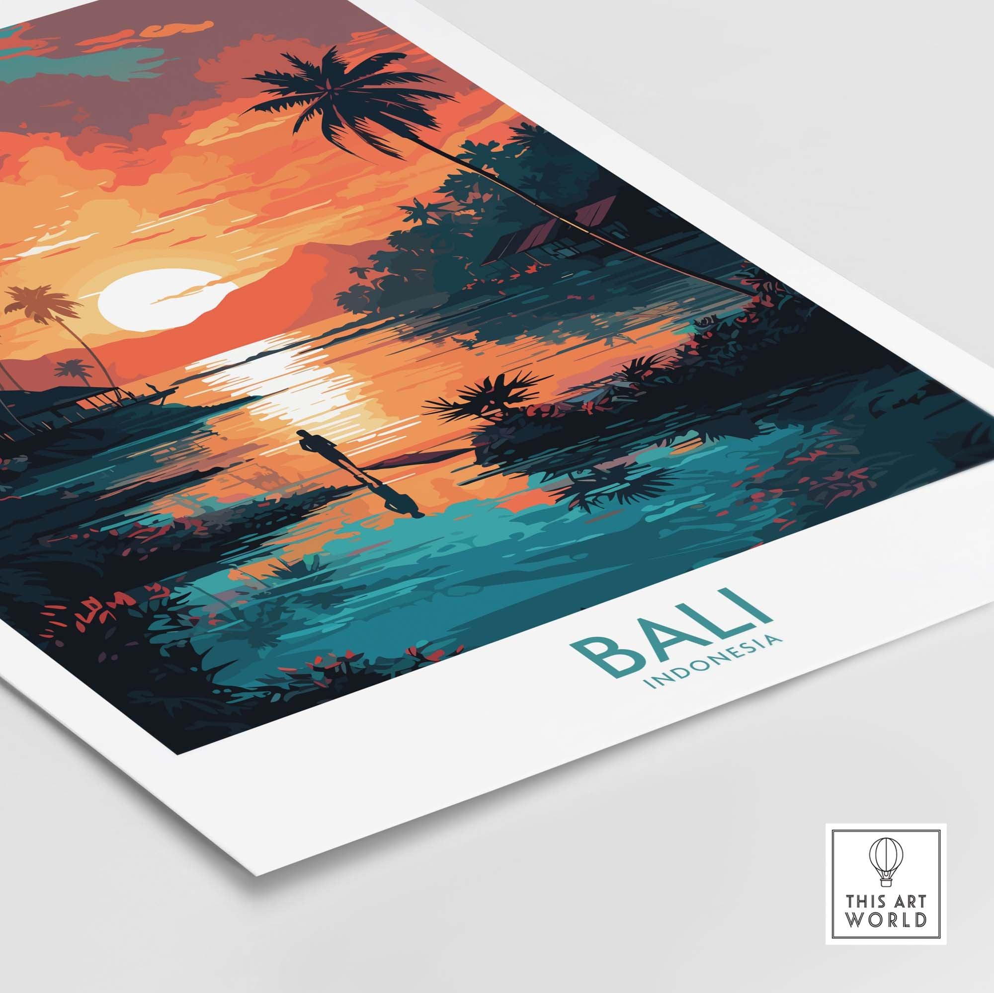 Bali wall art print featuring a tropical sunset over a serene Indonesian landscape with palm trees.