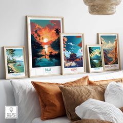 Modern wall art featuring stunning prints from Bali, Beijing, Costa Rica, and the Grand Canyon, enhancing home decor.