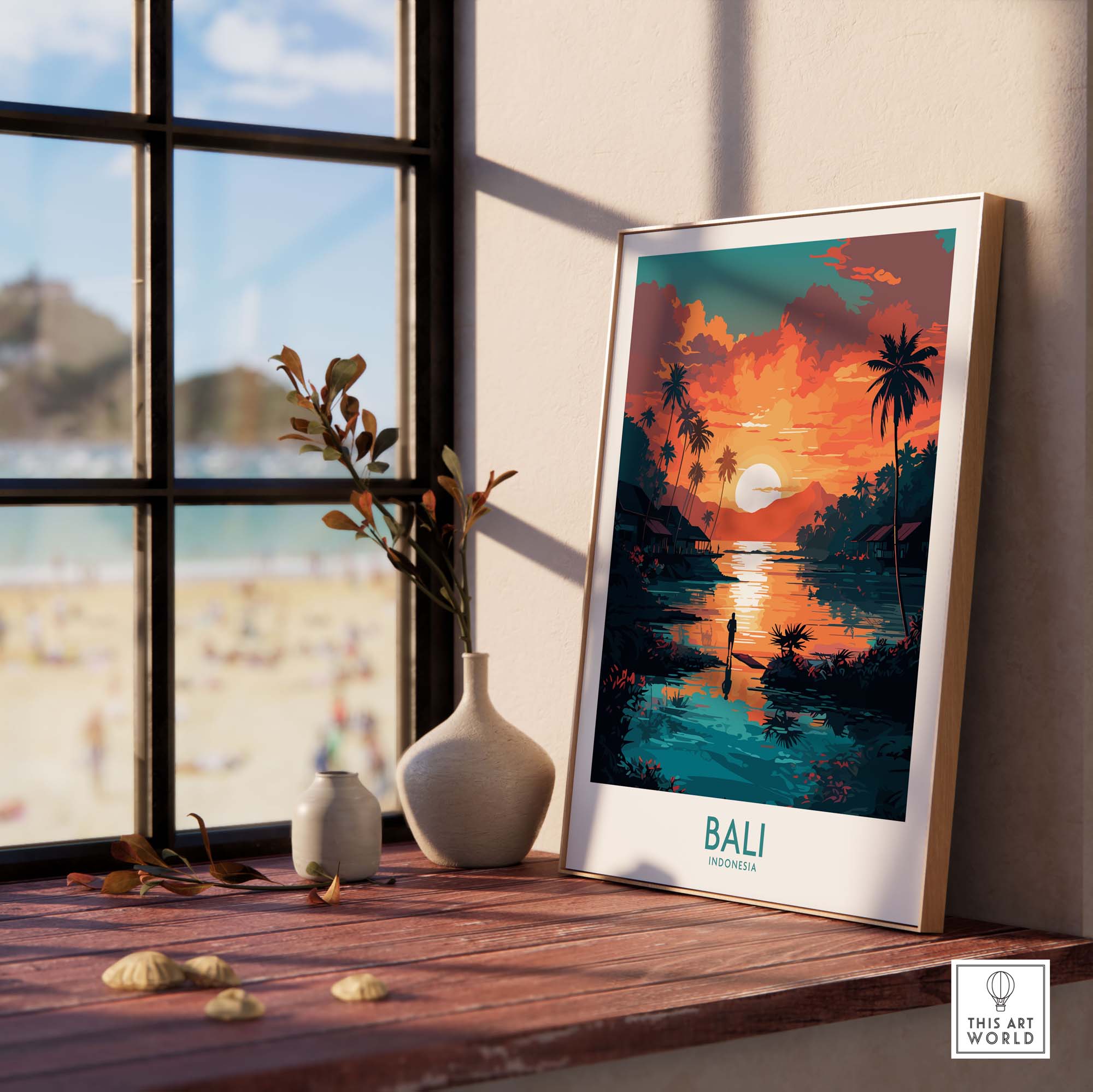 Bali Wall Art print displayed by a window, showcasing a vibrant sunset over Indonesian scenery.