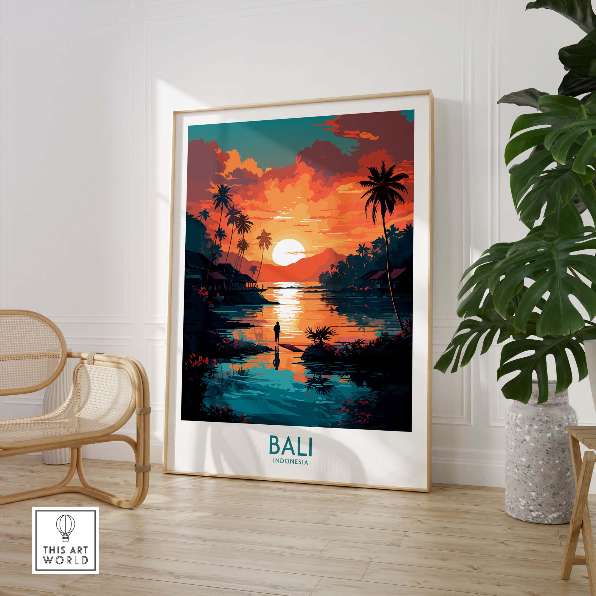 Bali wall art print featuring a vibrant sunset over a tropical landscape in Indonesia, perfect for home decor.