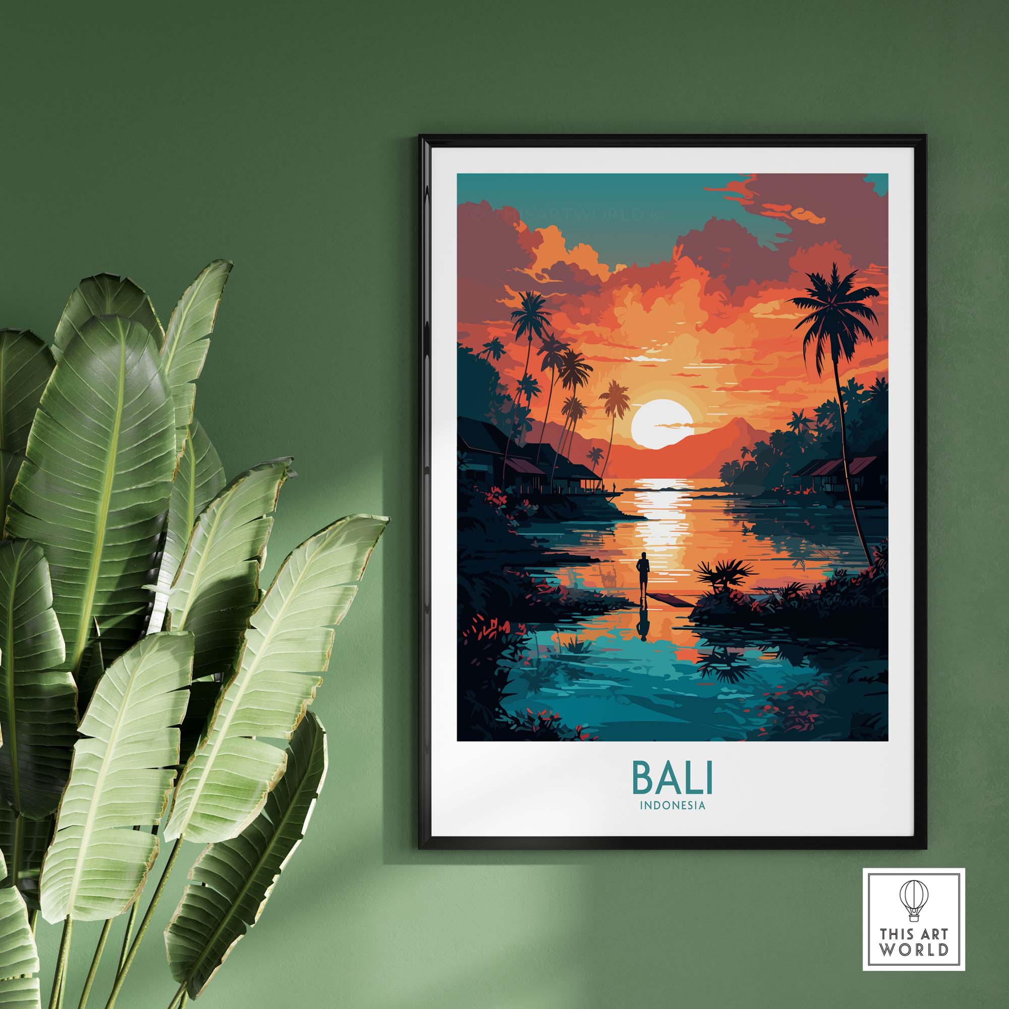 Modern Bali wall art print featuring a vibrant sunset and palm trees, perfect for enhancing living spaces.