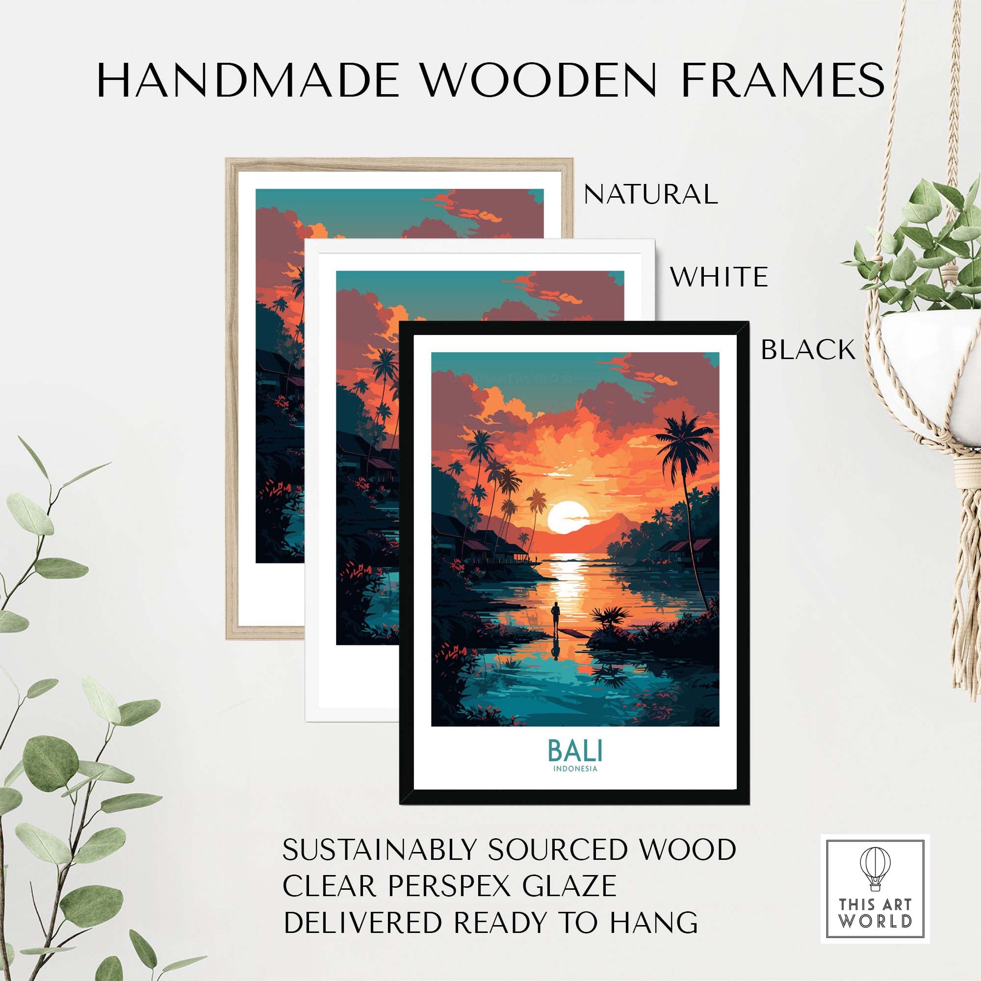 Handmade wooden frames in natural, white, and black for Bali wall art, sustainably sourced and ready to hang.