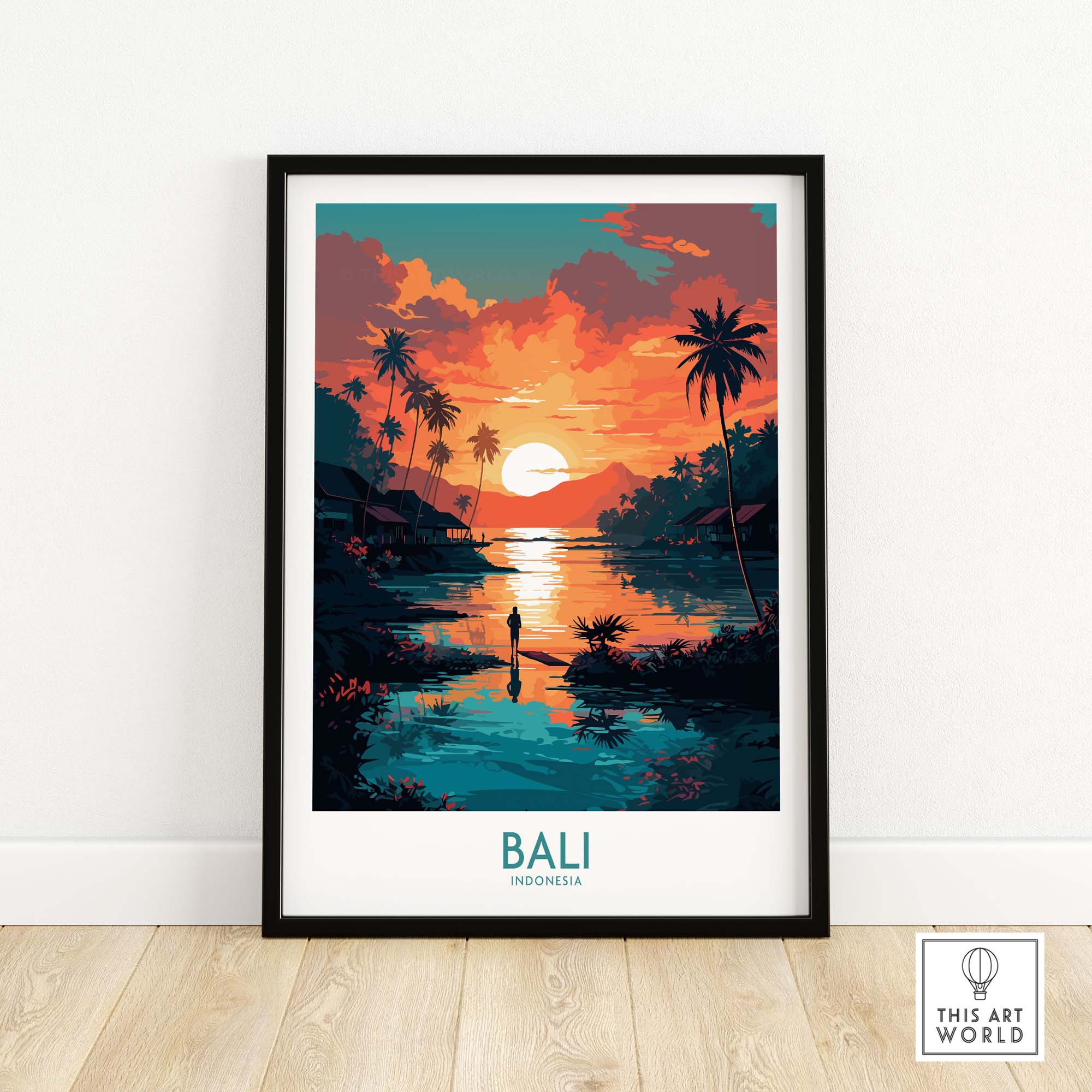 Bali modern art print showcasing a sunset reflection on water, palm trees, and serene landscape. Perfect for home decor.