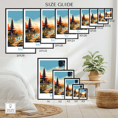 Size guide for Bali wall art print showcasing various frame sizes for modern decor in a cozy setting.