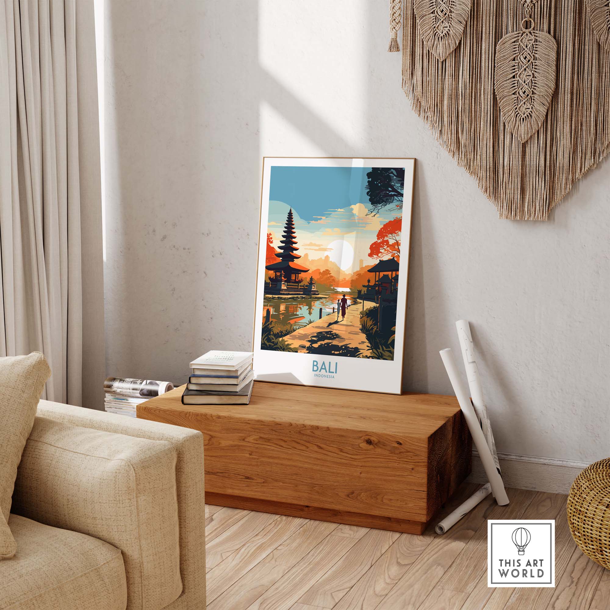 Bali Wall Art Print showcasing vibrant scenery and nostalgic vibes in a modern home decor setting.