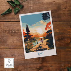 Bali wall art print featuring colorful sunset and traditional architecture, representing Indonesian culture and nostalgia.