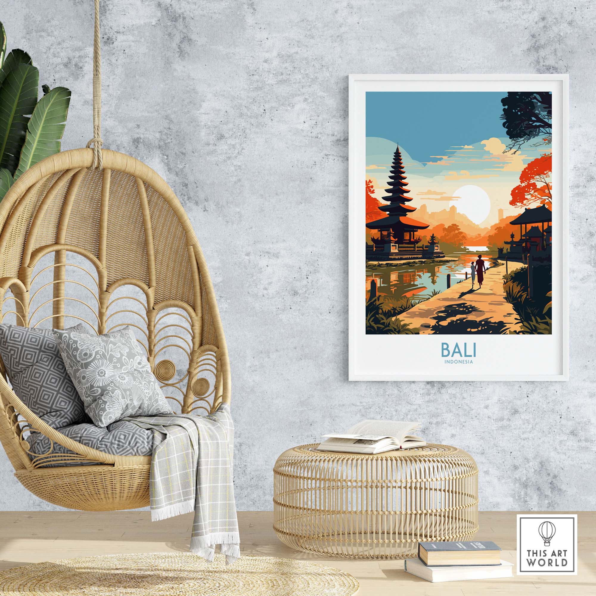 Bali wall art print featuring a vibrant sunset scene, enhancing modern home decor with nostalgia.