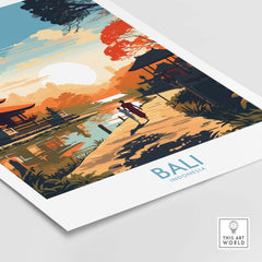 Bali wall art print featuring a serene landscape with a sunset over traditional architecture and reflections.