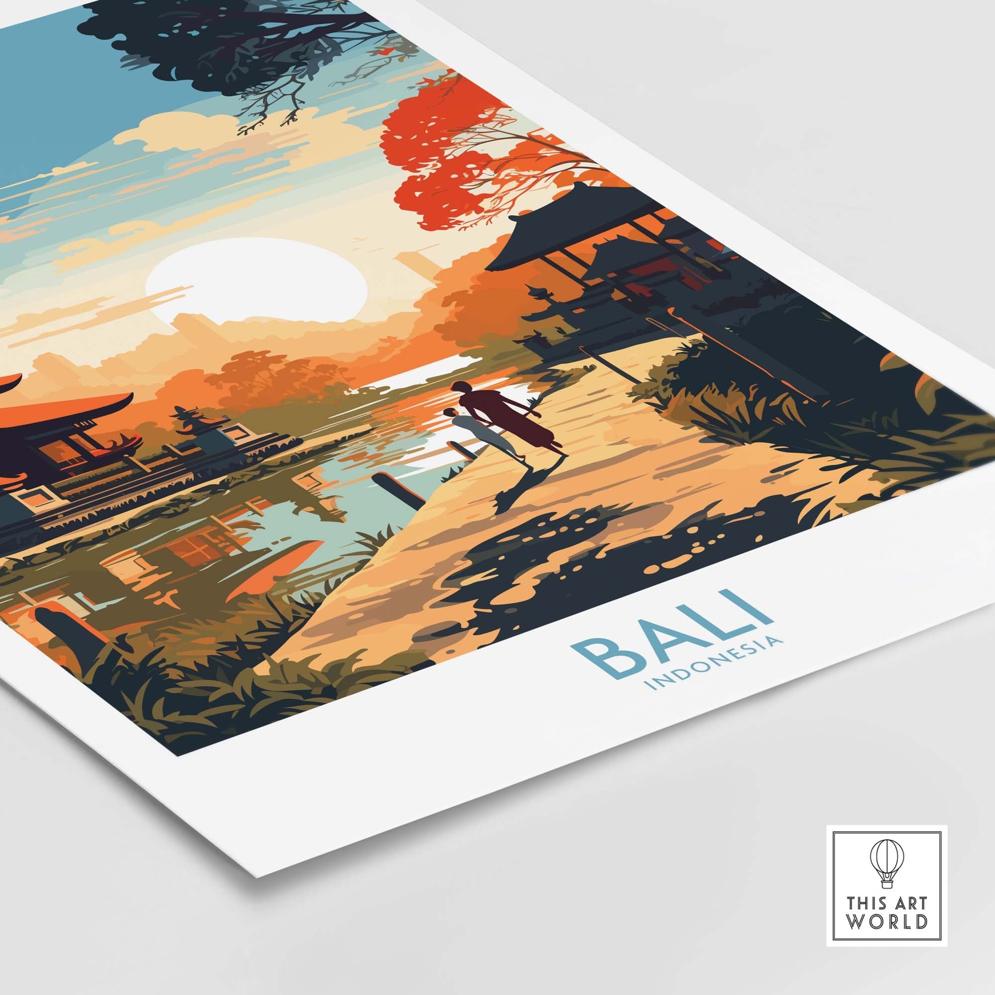 Bali wall art print featuring a serene landscape with a sunset over traditional architecture and reflections.