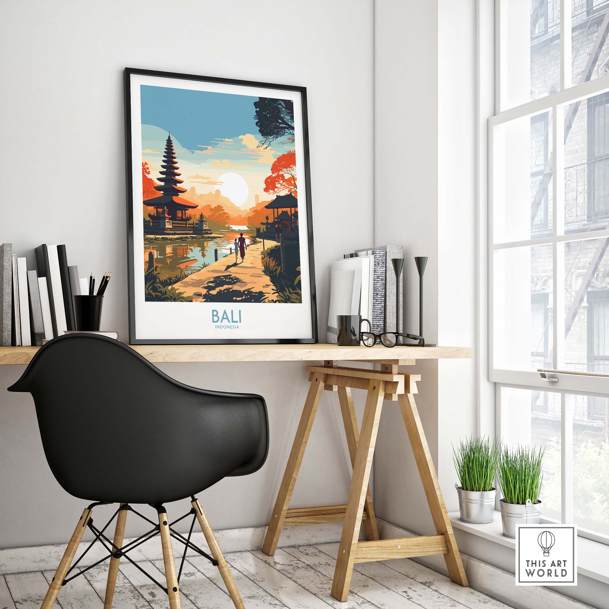 Bali wall art print showcased in a modern home office, evoking nostalgia for Indonesia's beautiful landscapes.