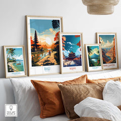 Collection of vibrant travel art prints featuring Bali, Beijing, the Philippines, Costa Rica, and the Grand Canyon.