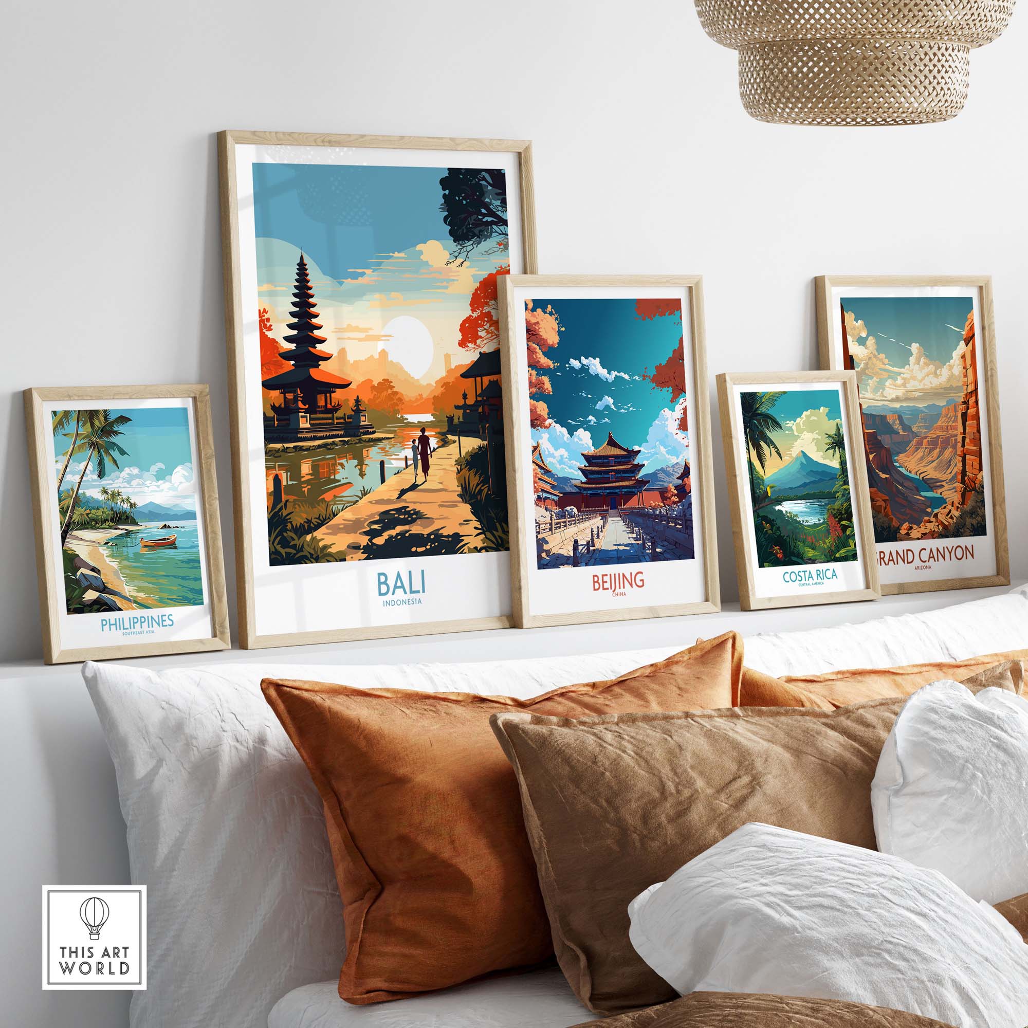 Collection of vibrant travel art prints featuring Bali, Beijing, the Philippines, Costa Rica, and the Grand Canyon.
