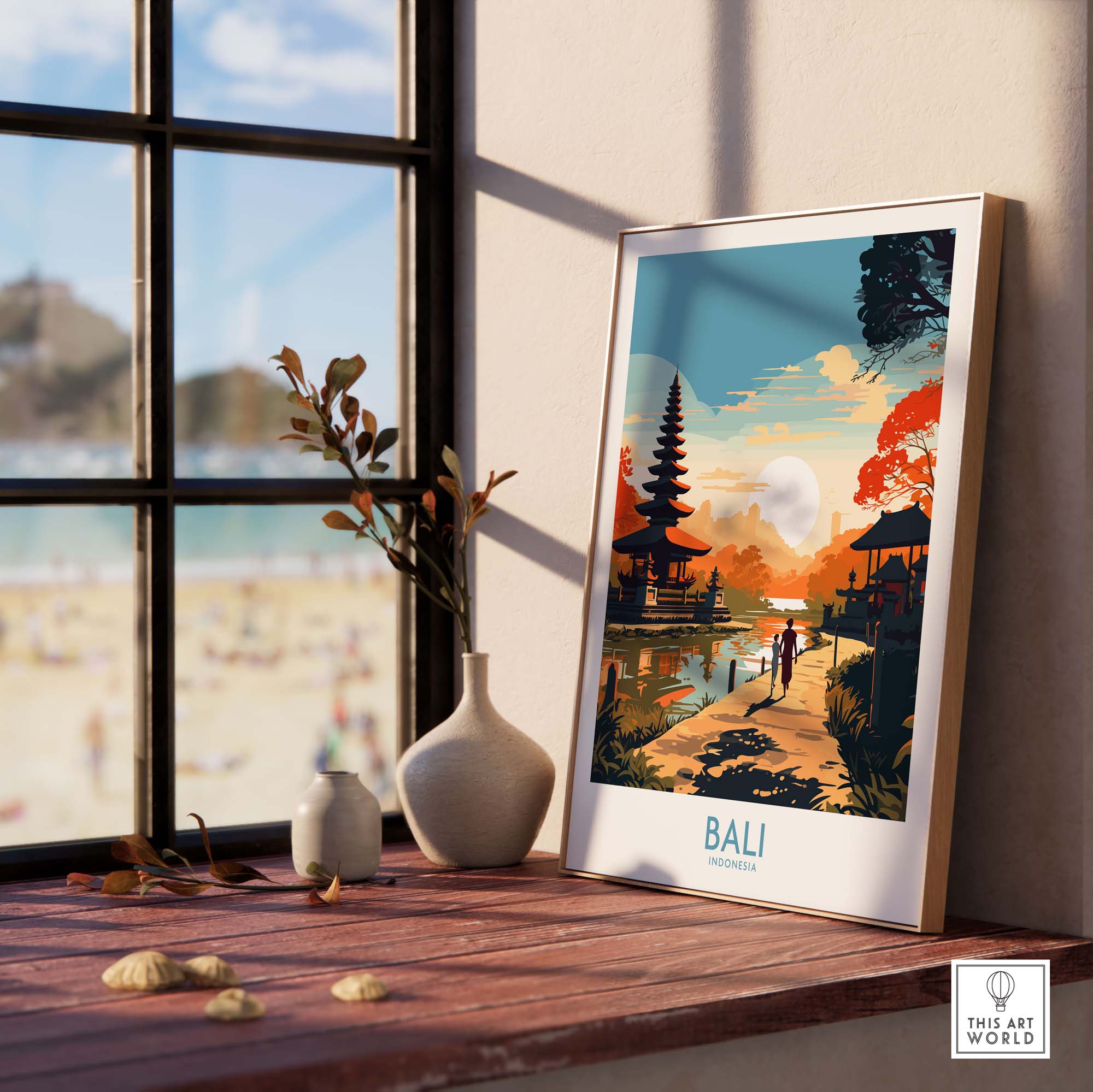 Bali wall art print showcasing modern Indonesia landscape with a serene ambiance and vibrant colors.