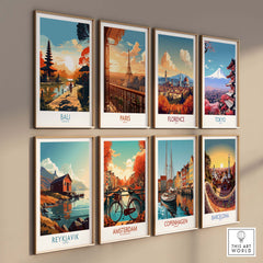 Stylish wall art prints featuring Bali, Paris, Florence, Tokyo, Reykjavik, Amsterdam, Copenhagen, and Barcelona.