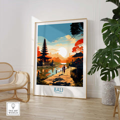 Bali wall art print featuring a serene landscape with a sunset and traditional architecture, perfect for home decor.