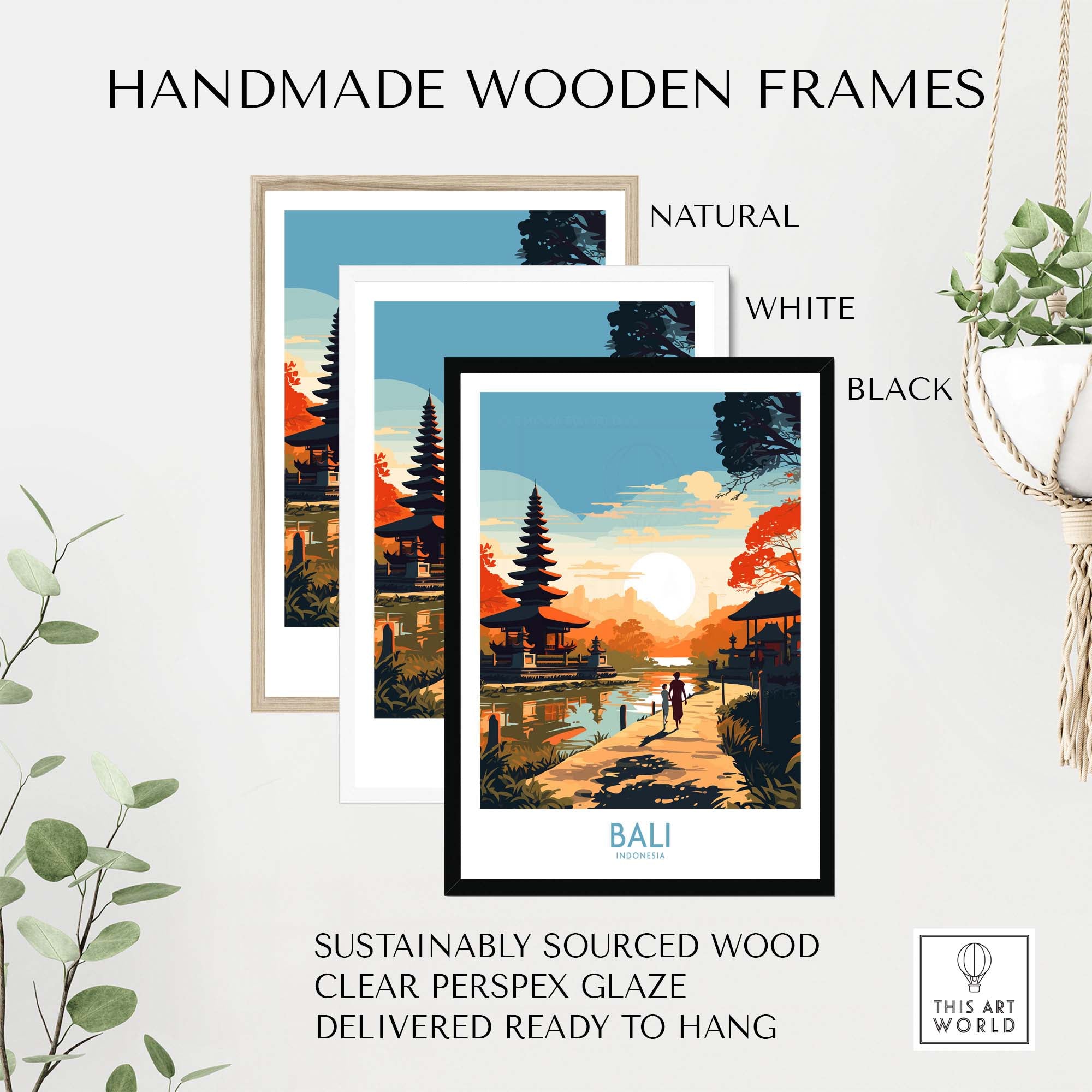 Handmade wooden frames in natural, white, and black for Bali wall art print, ready to hang and sustainably sourced.