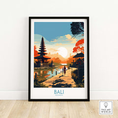 Bali wall art print featuring a serene landscape of a temple and sunset in Indonesia, perfect for modern home decor.