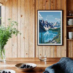 Banff National Park art print in black frame on rustic wood kitchen wall with berries and glassware