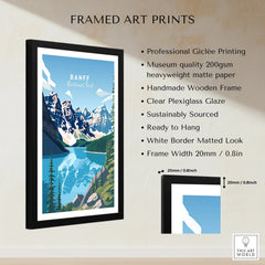 Framed Banff National Park print with mountain landscape, measurements and quality details