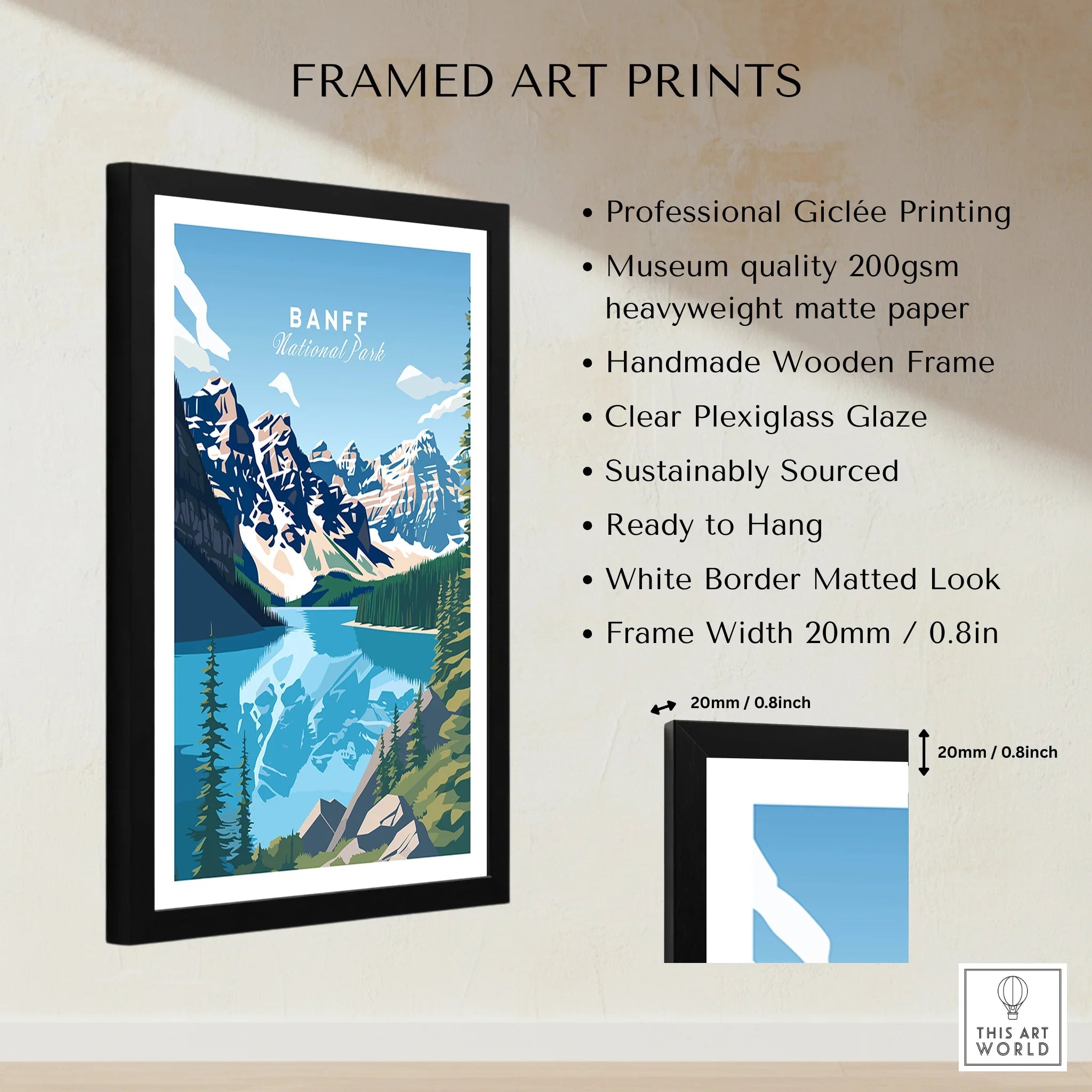 Framed Banff National Park print with mountain landscape, measurements and quality details