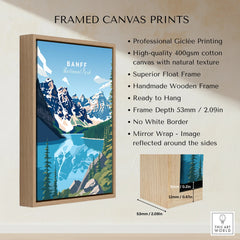 Banff National Park framed canvas wall art with wooden float frame and mountain lake illustration