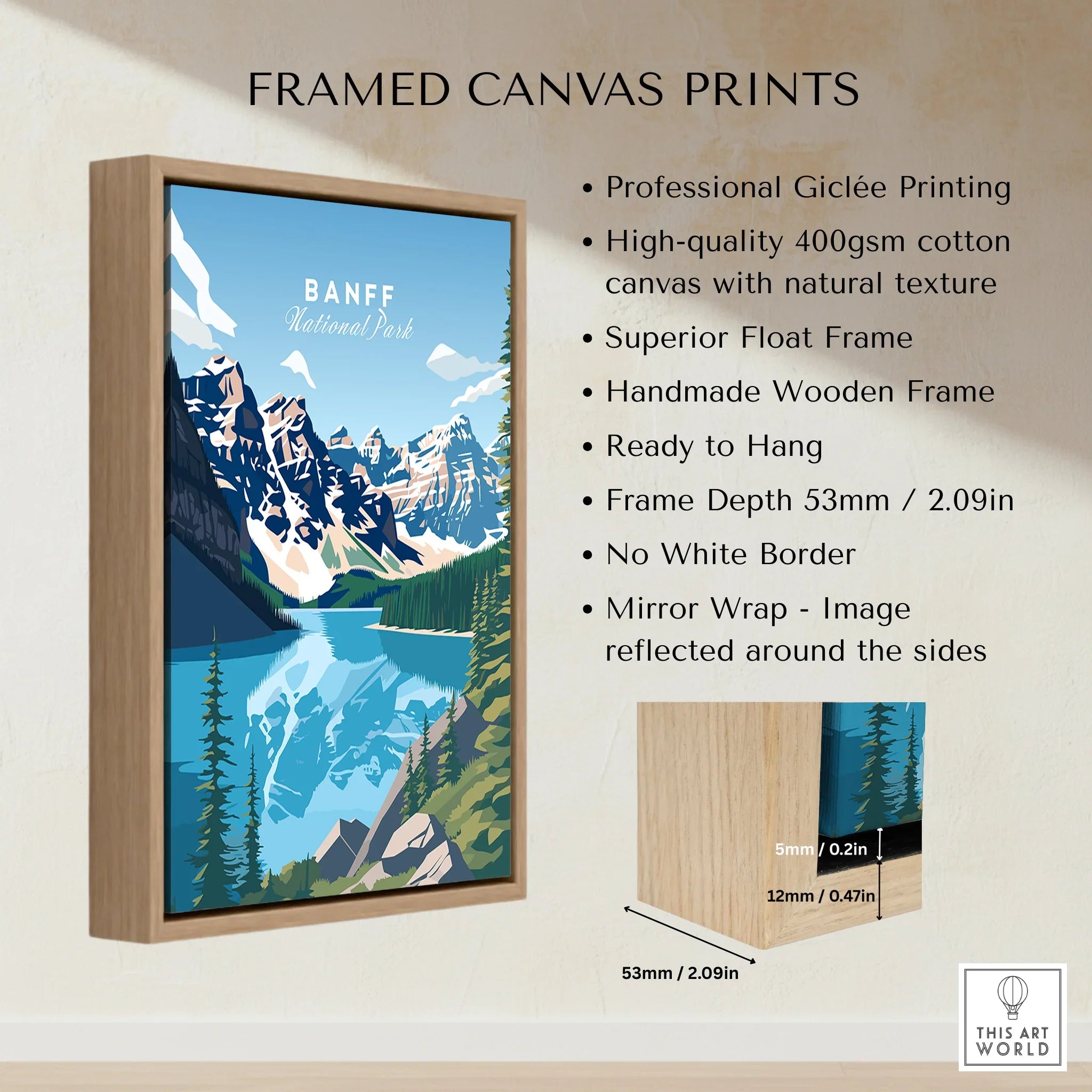 Banff National Park framed canvas wall art with wooden float frame and mountain lake illustration