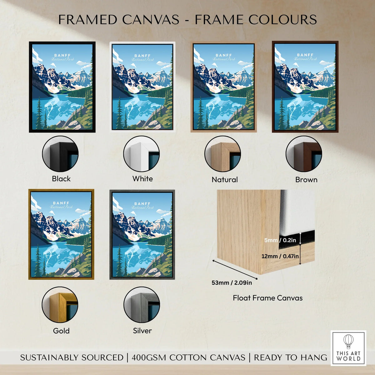 Banff National Park travel poster wall art with six frame color options on canvas