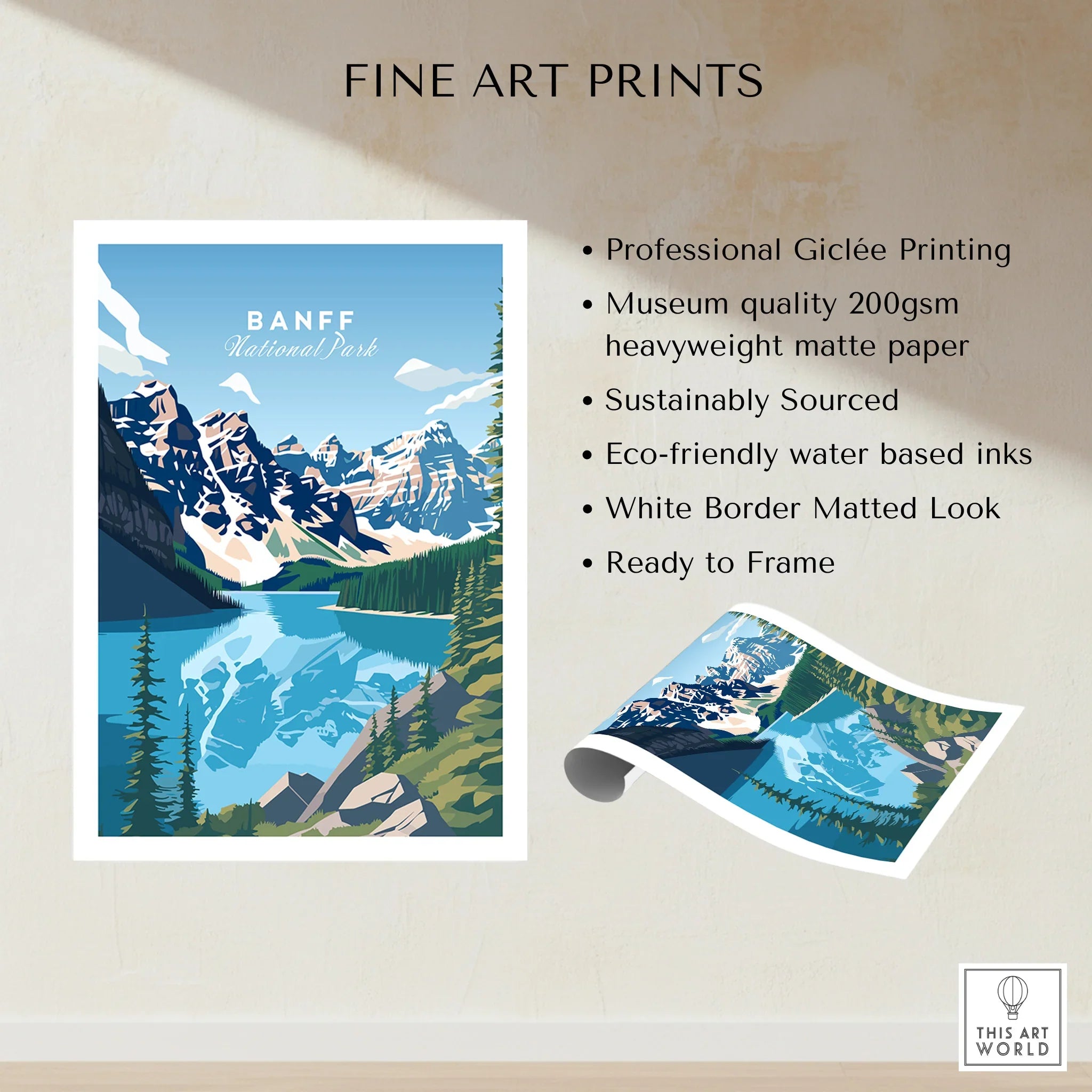Banff National Park fine art print with snowy mountains, lake, and evergreen trees, unframed