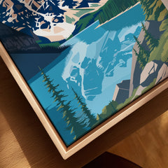 Closeup of framed Banff National Park print with lake, mountains, and pine trees