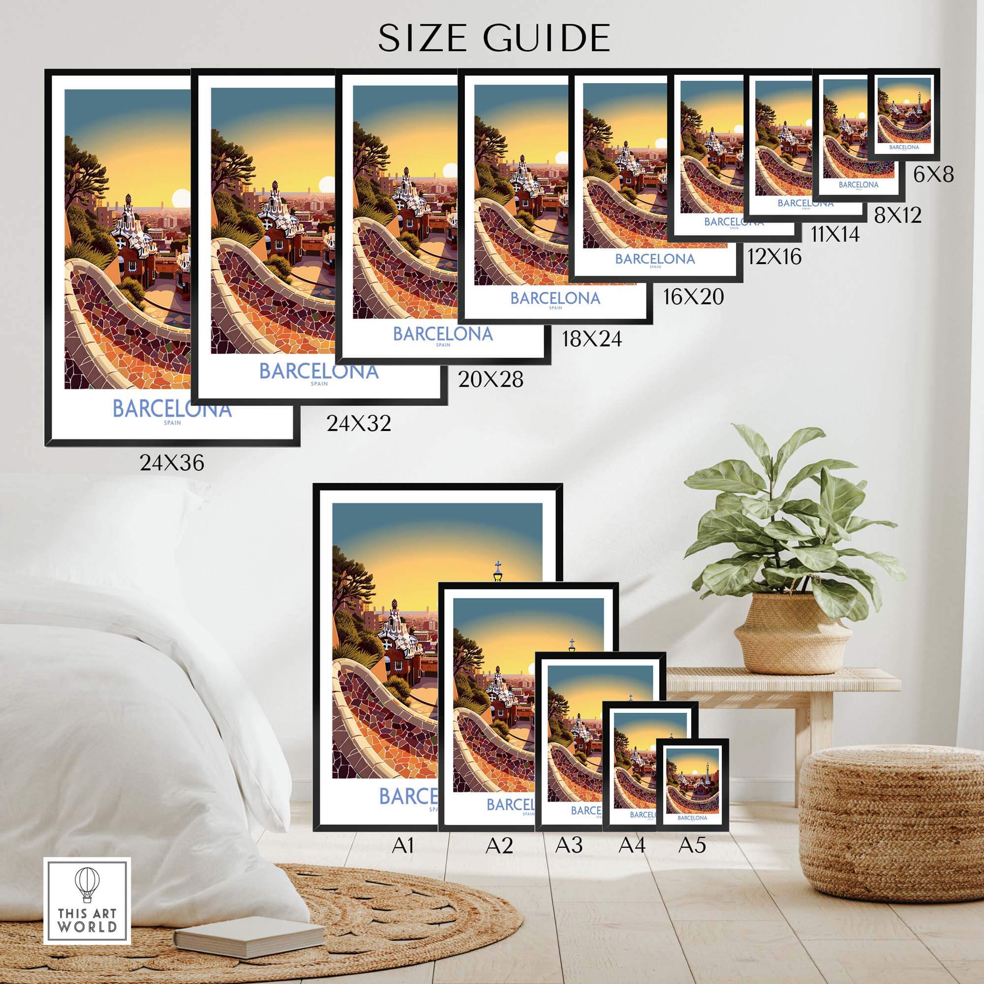 Size guide for Barcelona Park Güell poster prints displayed in a cozy living room setting.