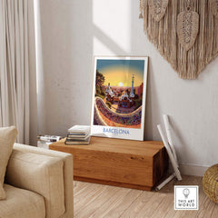 Barcelona Park Güell poster displayed in a cozy living room, showcasing vibrant colors and modern design.