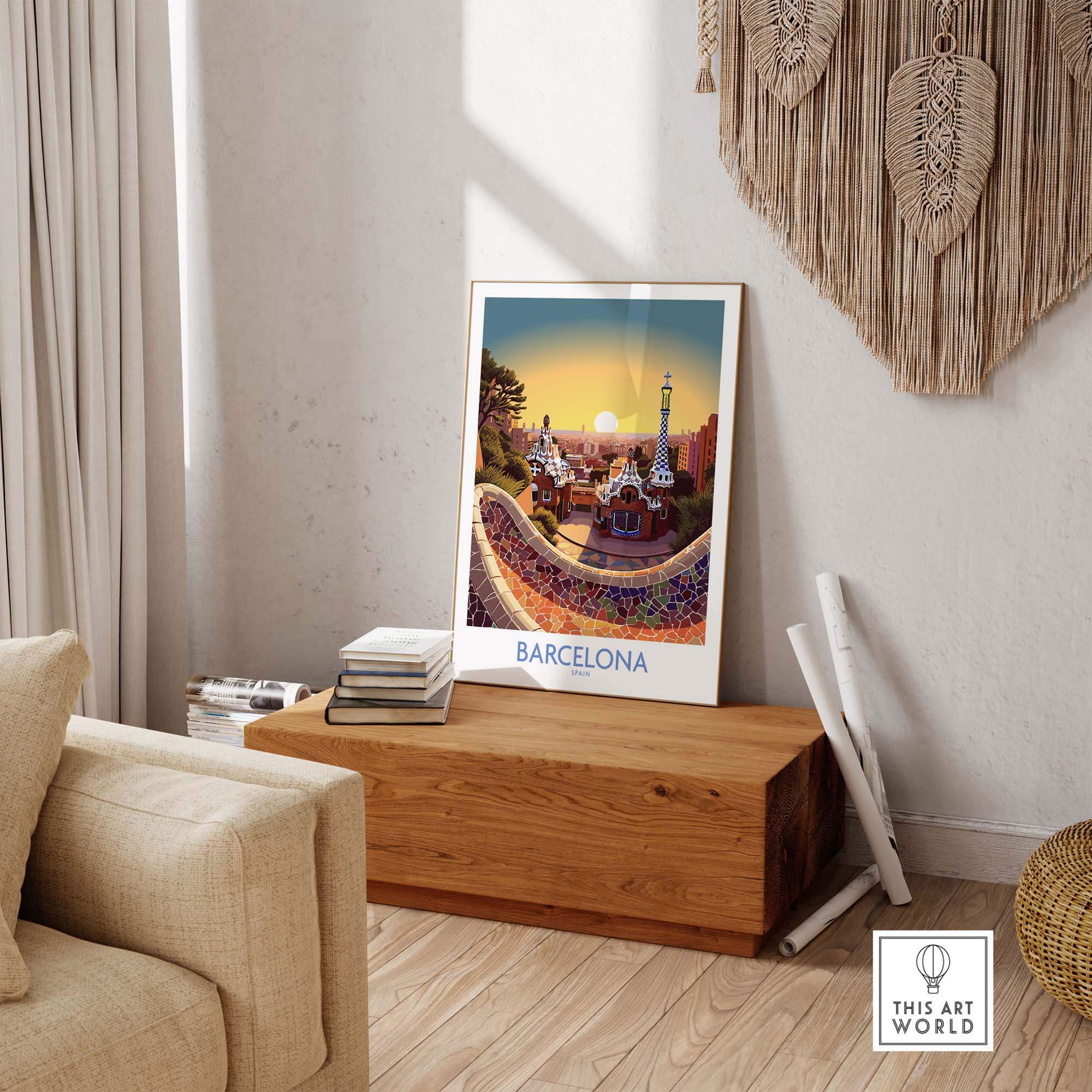 Barcelona Park Güell poster displayed in a cozy living room, showcasing vibrant colors and modern design.
