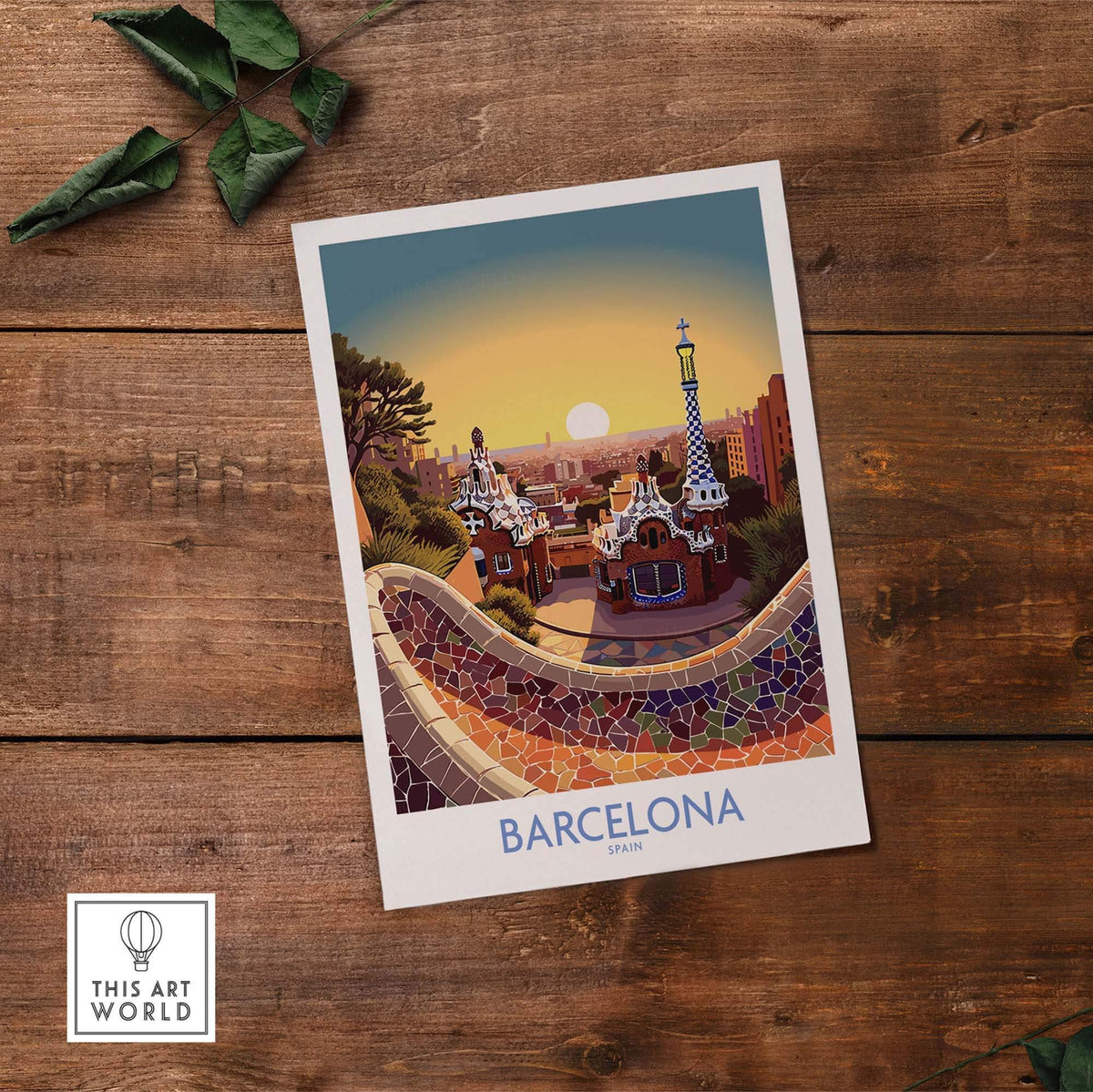 Barcelona Park Güell poster featuring vibrant colors and stunning details, perfect for modern home decor.