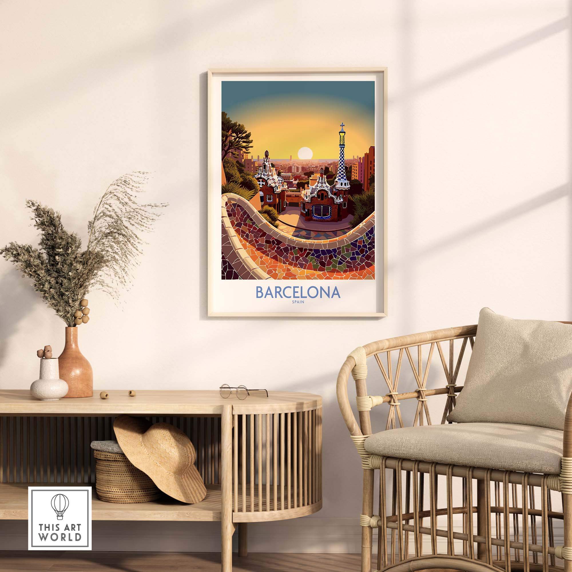 Barcelona Park Güell poster displayed in a modern living room, showcasing vibrant colors and exquisite details.