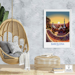 Barcelona Park Güell poster showcasing vibrant colors and Gaudí's architecture in a modern home setting.