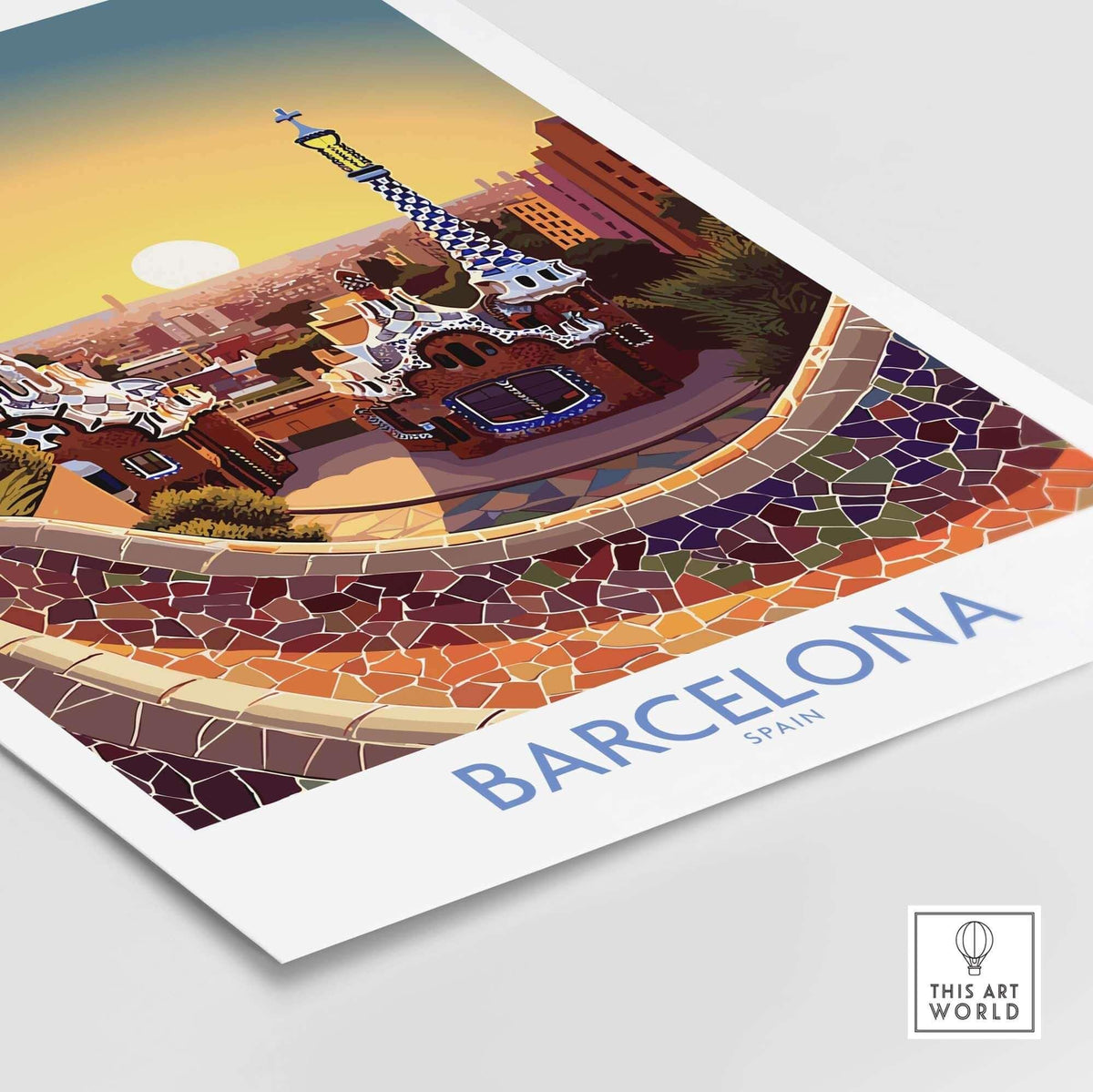 Barcelona Park Güell poster featuring Gaudí's colorful architecture and sunset, perfect for modern home decor.
