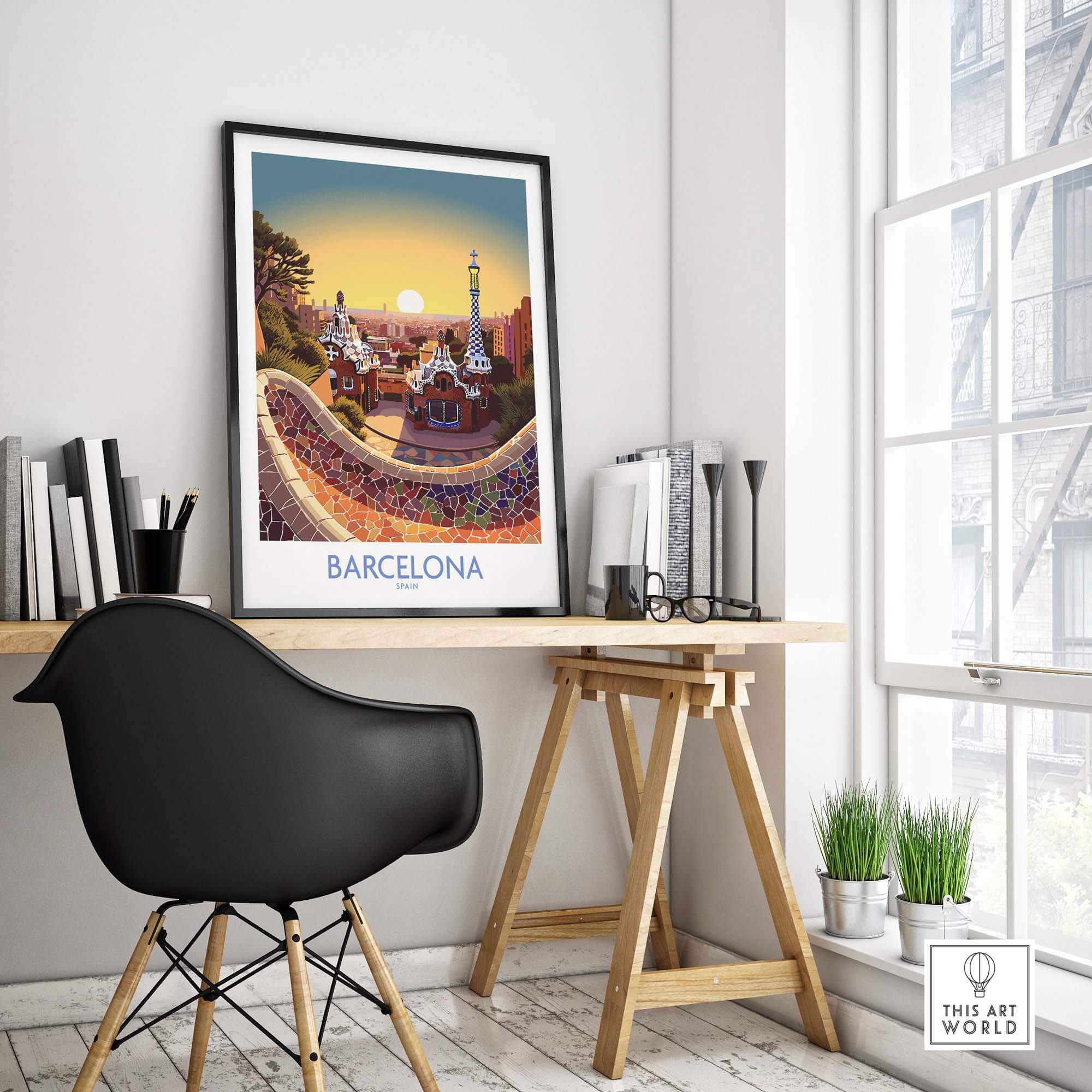 Barcelona Park Güell poster in a modern workspace, showcasing vibrant colors and intricate design on the wall.
